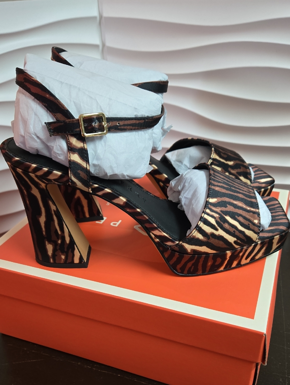 Katy Perry Collections The Square Open Sandal Liger Print Satin - Picture 2 of 5